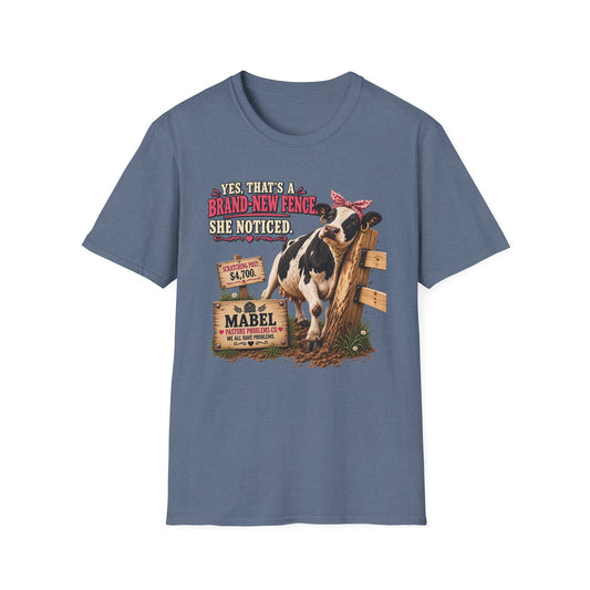 Mabel Brand-New Fence funny cow shirt product mockup