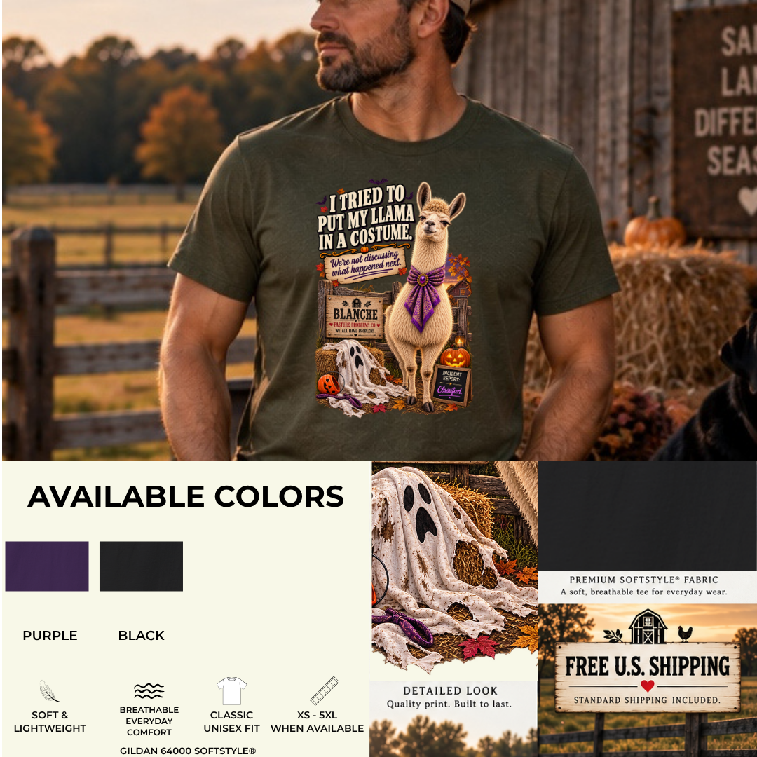 Funny llama Halloween T-shirt featuring Blanche