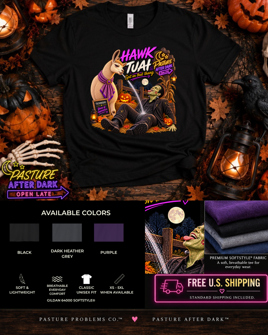 Funny adult Halloween llama T-shirt featuring Blanche