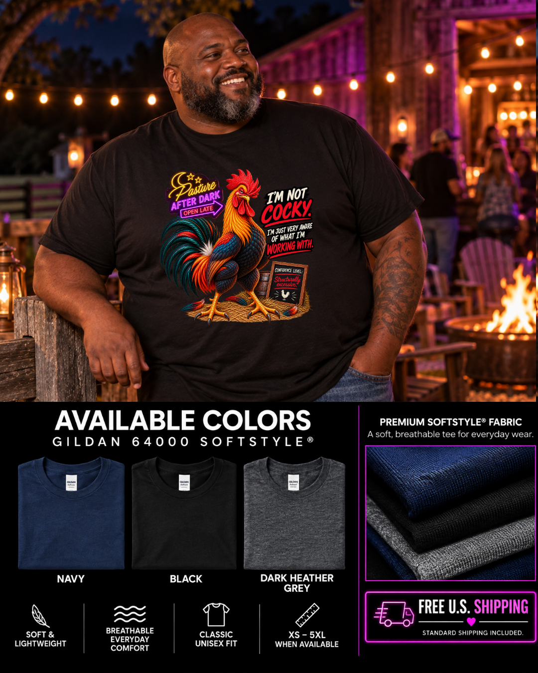 Funny adult rooster T-shirt featuring Randy from Pasture After Dark
