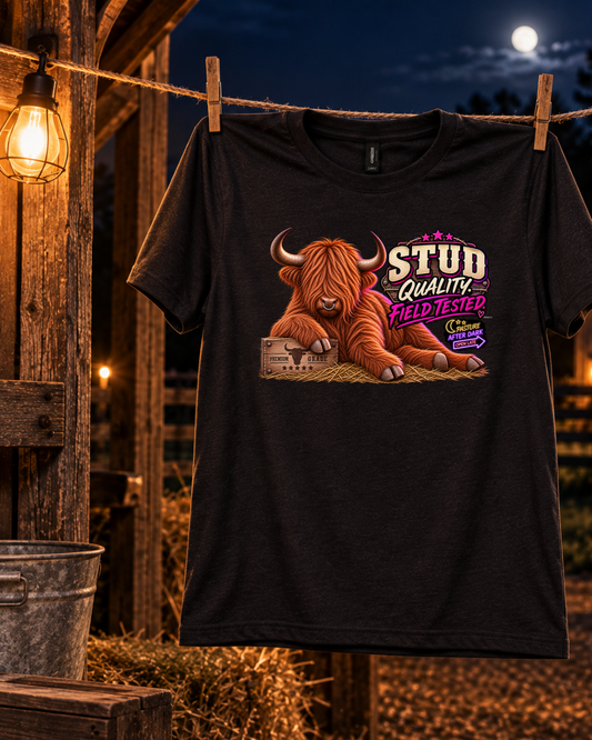 Stud Quality. Field Tested. — Funny Adult Highland Cow T-Shirt — Waylon Highland cow shirt product image