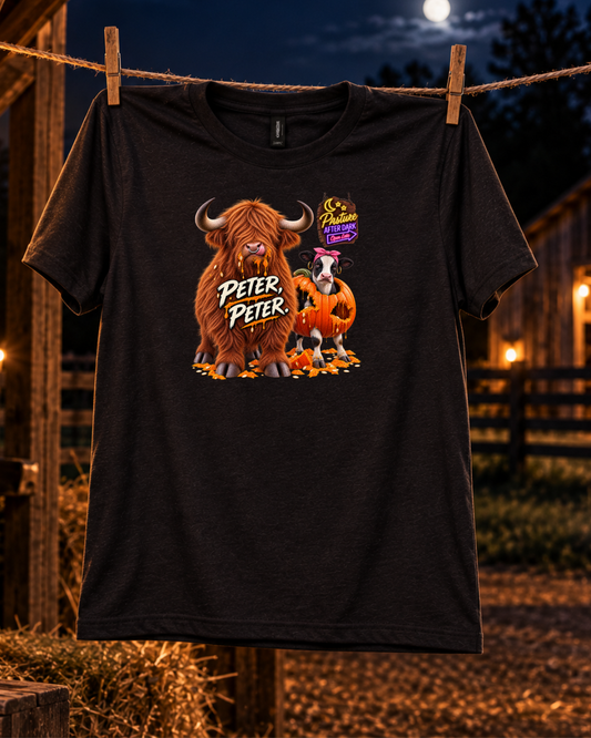 Peter, Peter — Funny Adult Halloween Highland Cow T-Shirt — Waylon Highland cow shirt product image