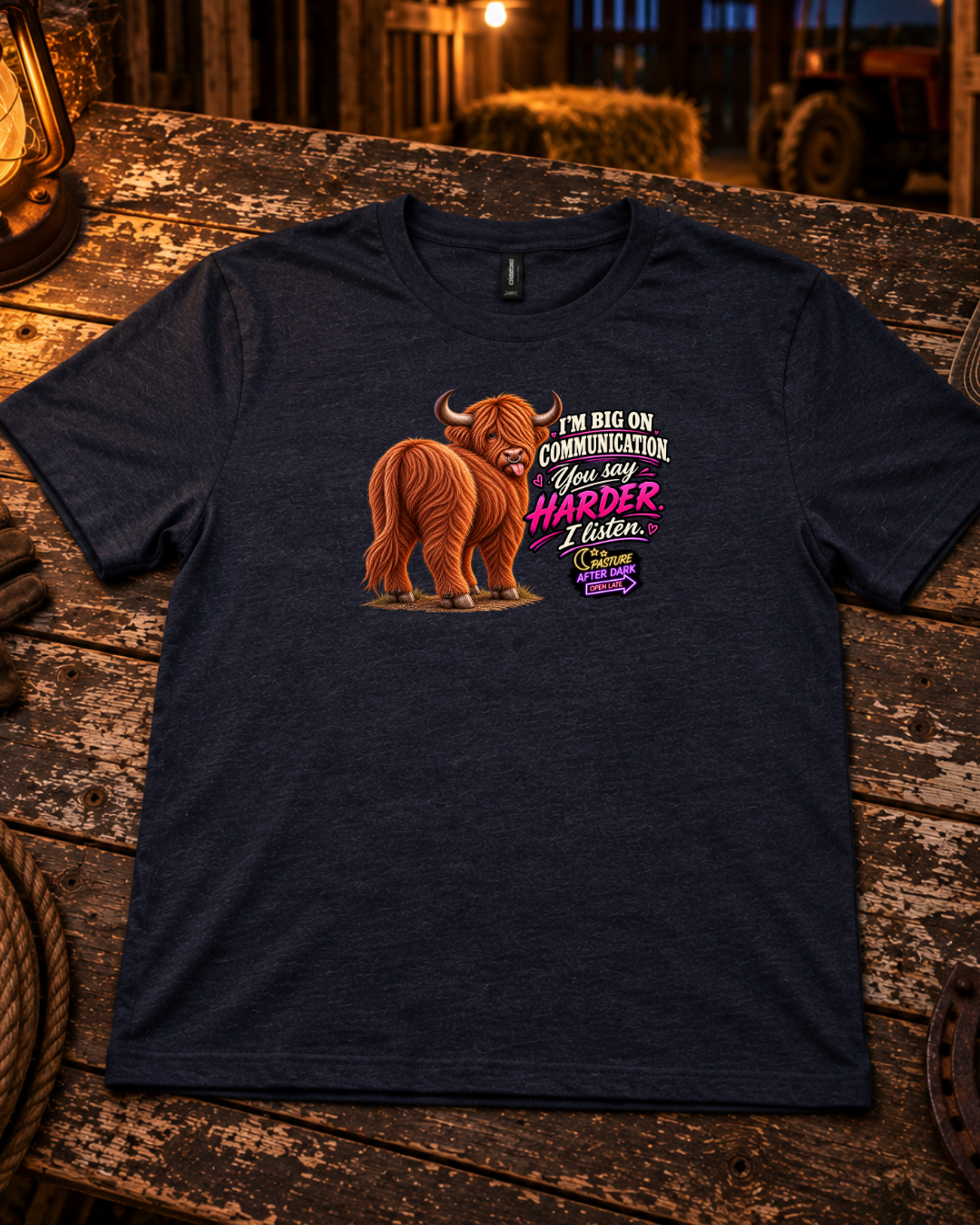 Additional product view of the Waylon “I’m Big on Communication” Highland cow T-shirt.