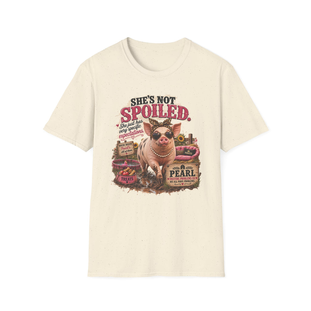 Funny pig T-shirt featuring Pearl and her specific expectations