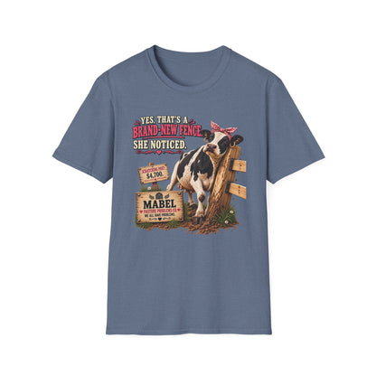 Mabel Brand-New Fence funny cow shirt product mockup