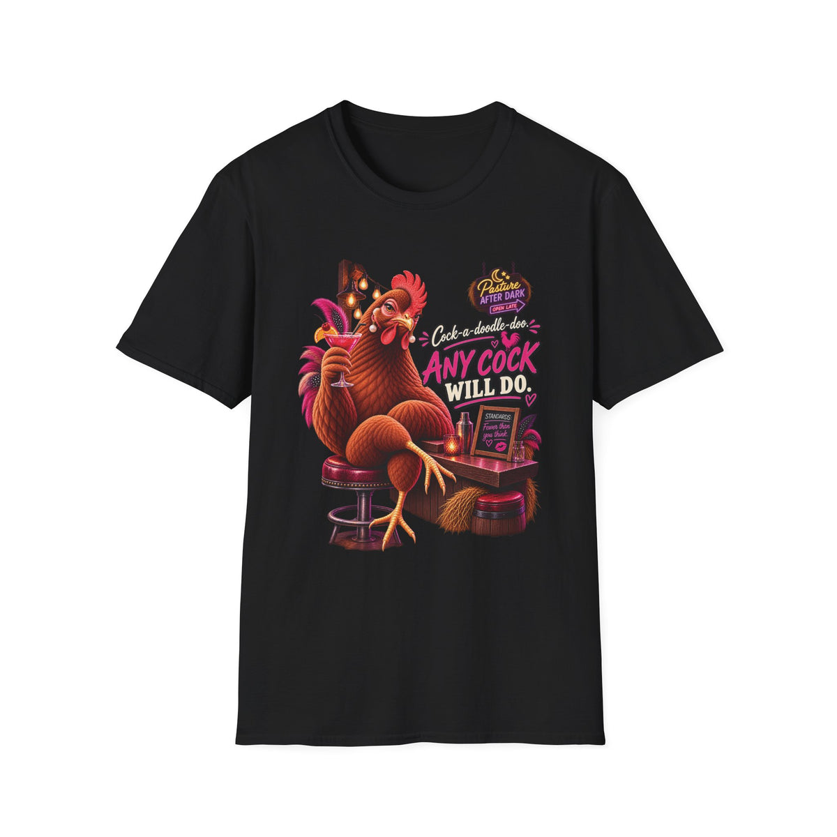 Vivian Any Cock Will Do adult chicken T-shirt