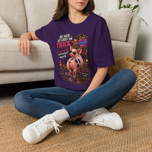 Pearl He Likes 'Em Thick adult pig shirt product mockup