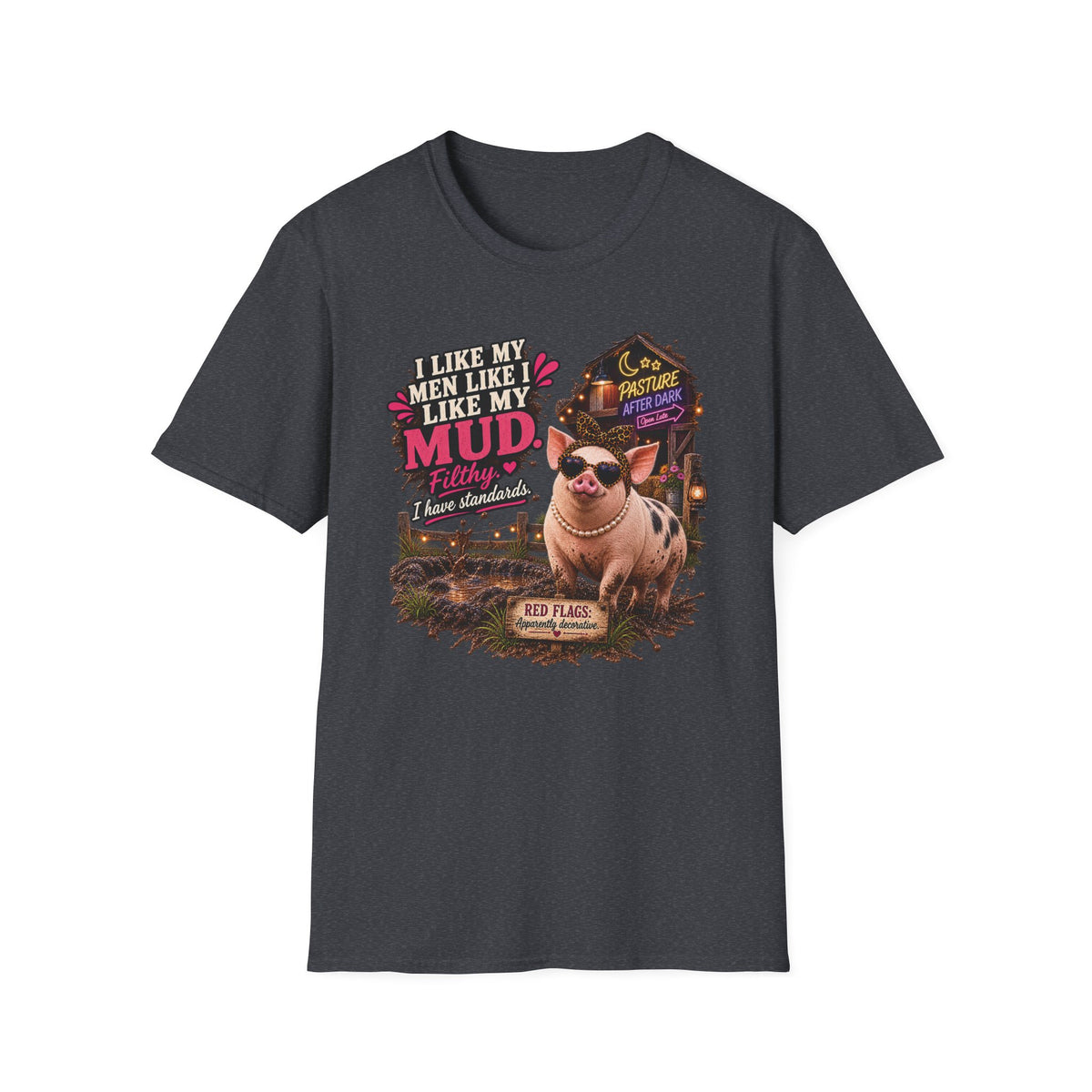 Funny adult pig T-shirt featuring Pearl from Pasture After Dark