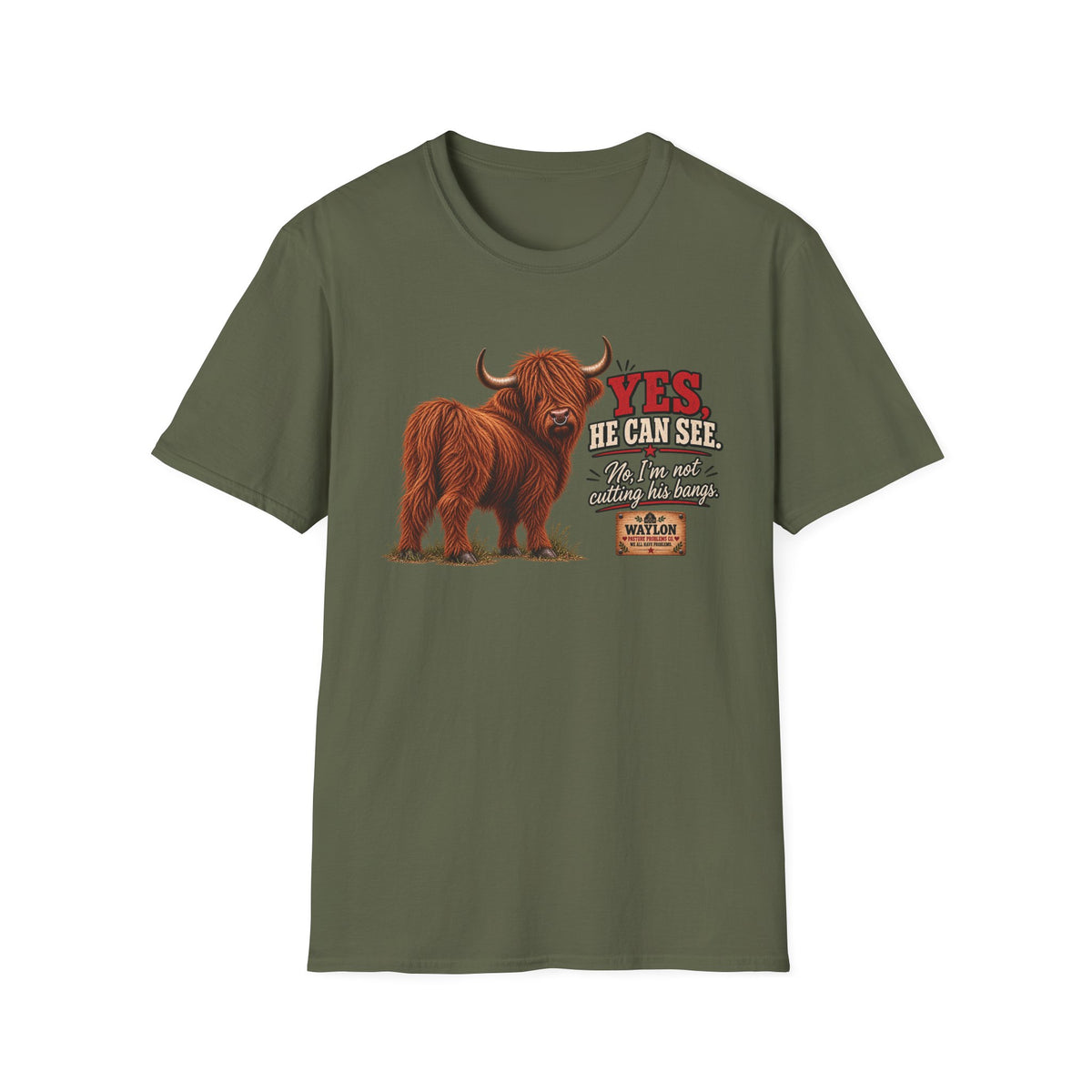 Yes, He Can See — Funny Highland Cow T-Shirt — Waylon Highland cow shirt product image