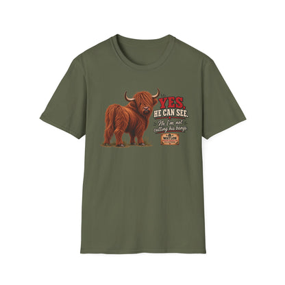 Yes, He Can See — Funny Highland Cow T-Shirt — Waylon Highland cow shirt product image