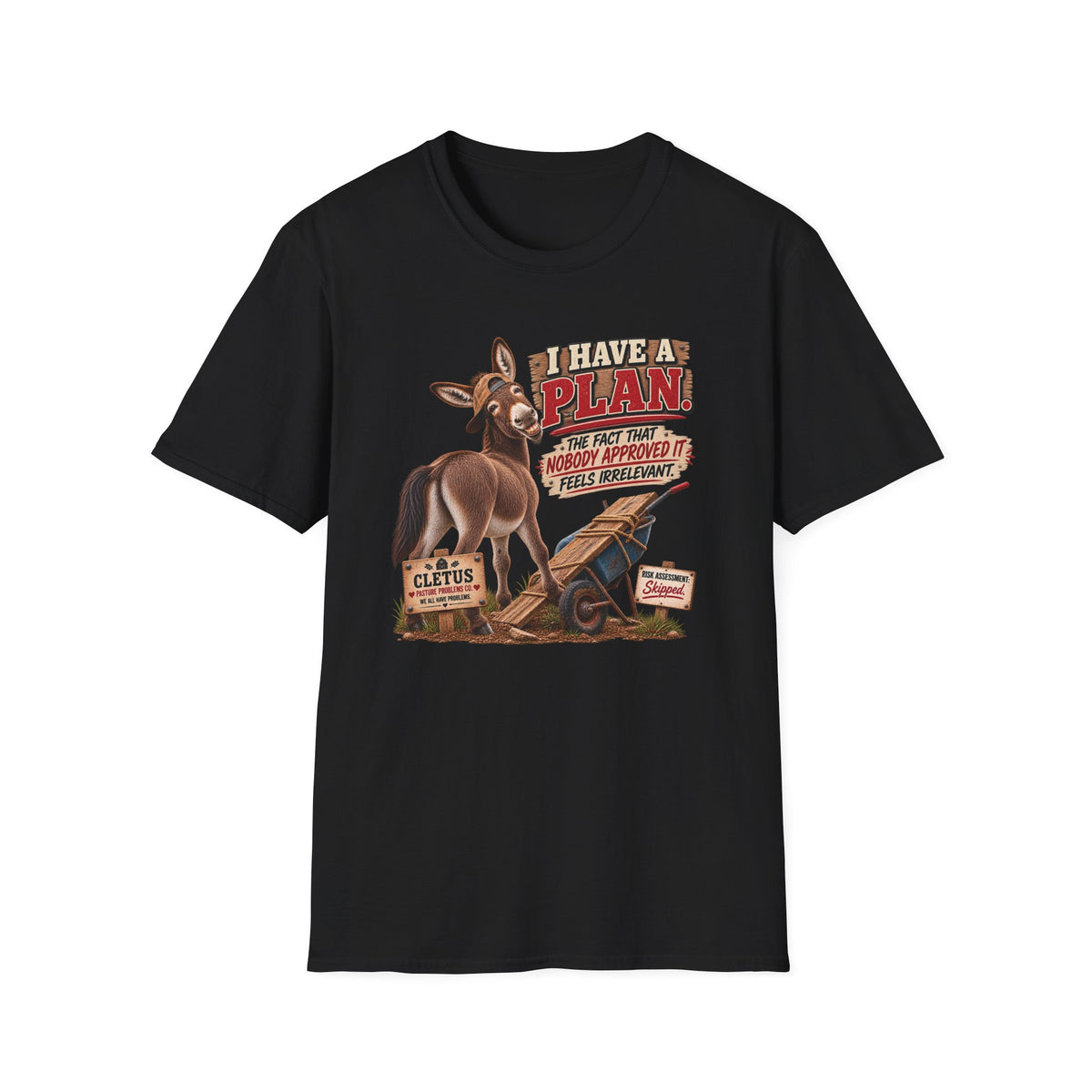 Cletus I Have a Plan funny donkey shirt product mockup