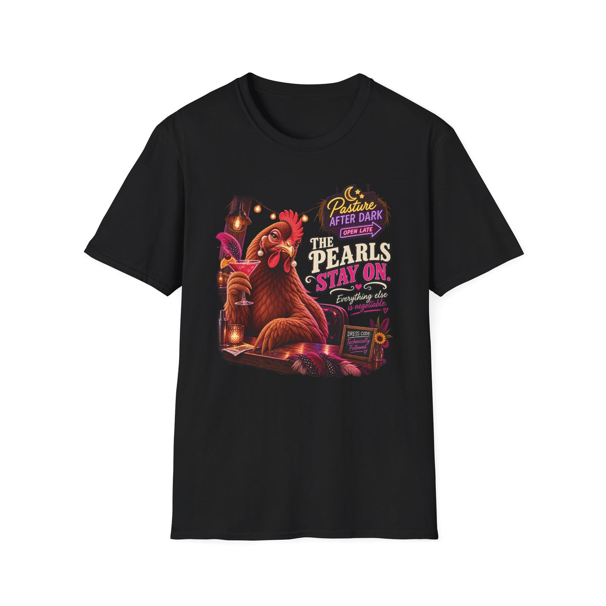 Vivian The Pearls Stay On adult chicken T-shirt