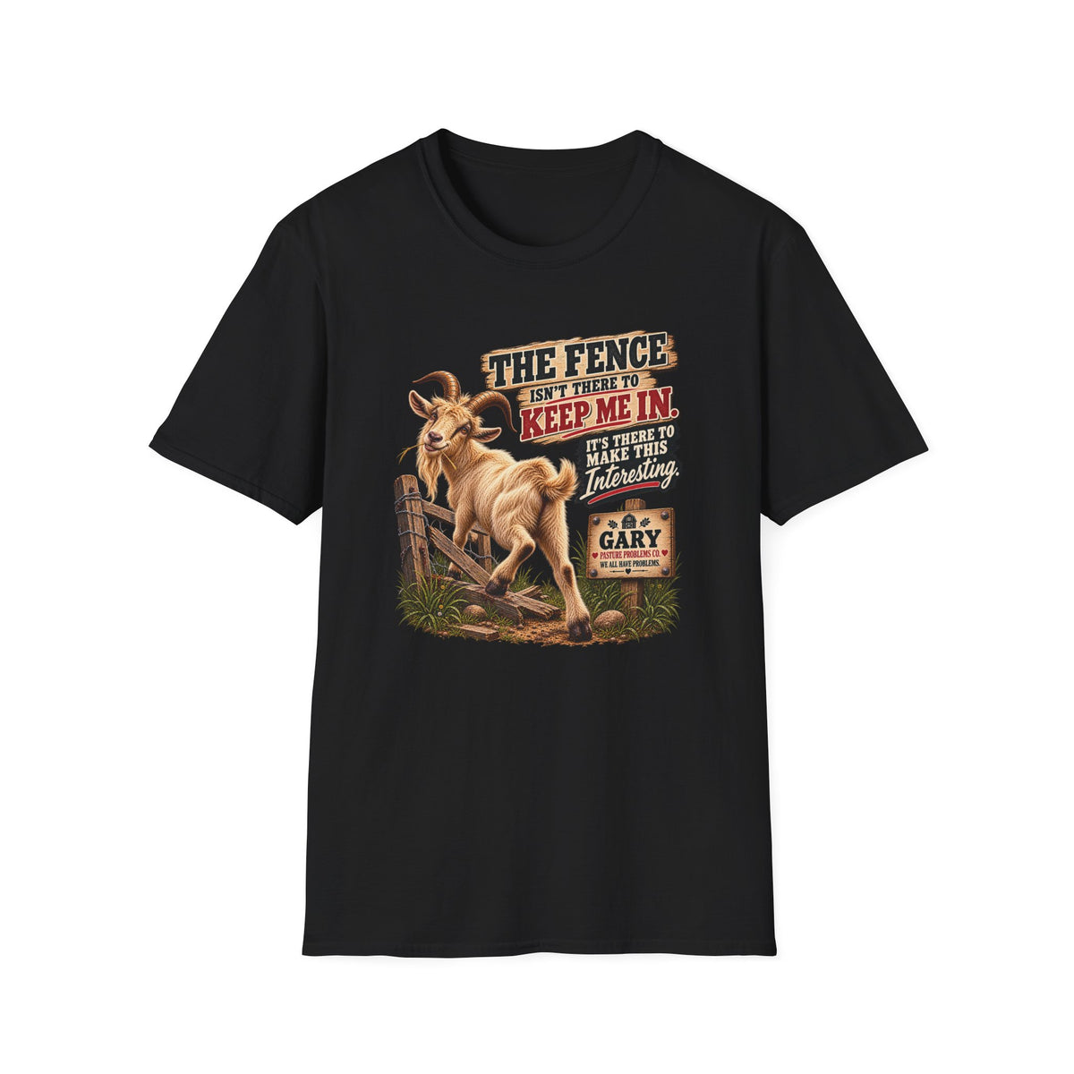 Funny goat fence T-shirt featuring Gary product image