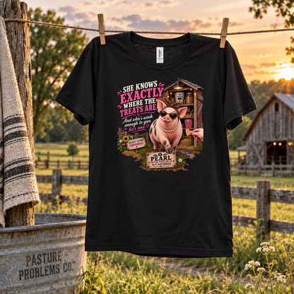 Funny pig T-shirt featuring Pearl and the treats