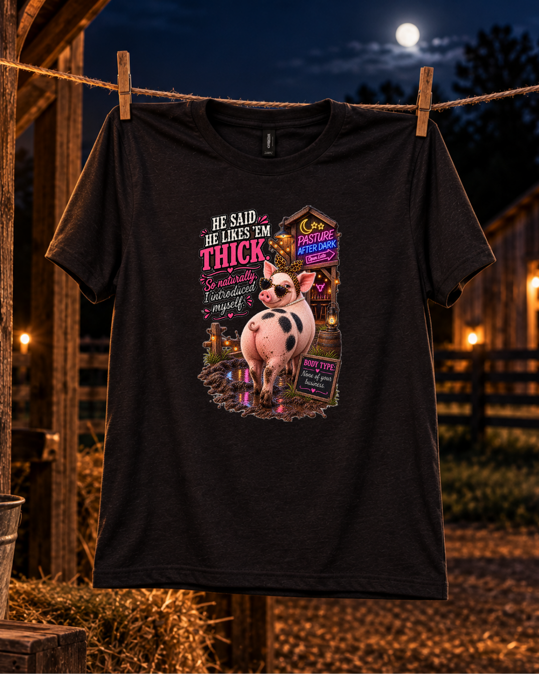 He Likes 'Em Thick pig shirt product mockup