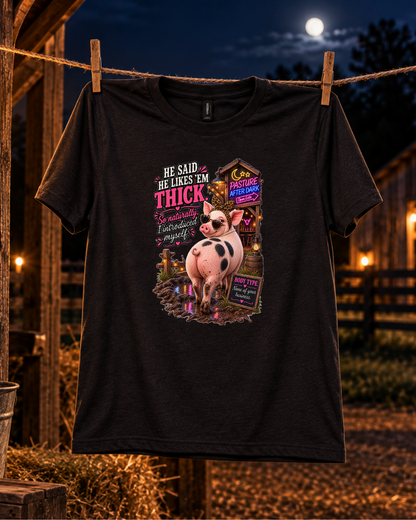 He Likes 'Em Thick pig shirt product mockup