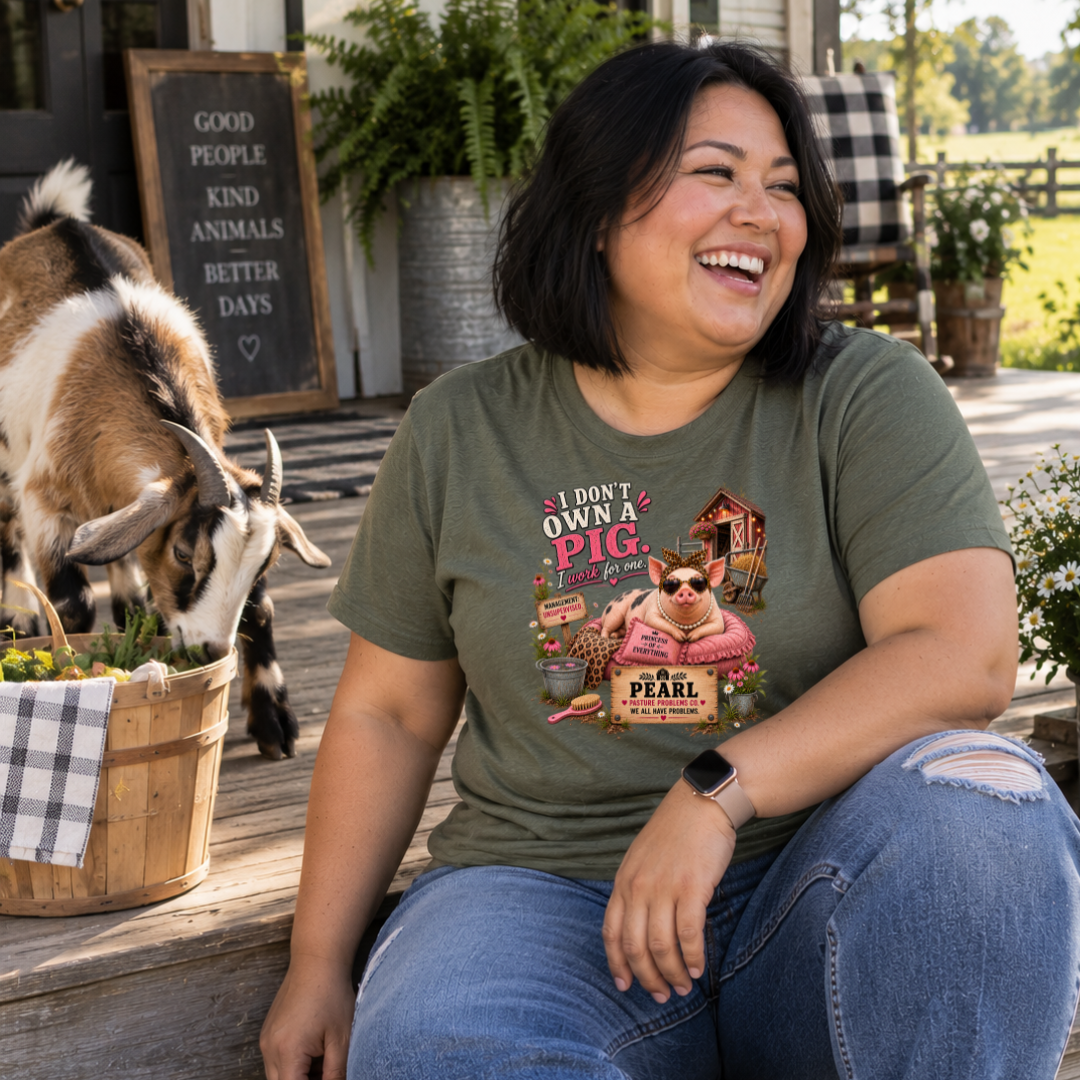 Funny farm pig T-shirt featuring Pearl product mockup
