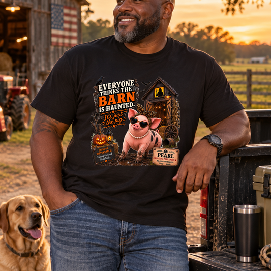 Pearl haunted barn Halloween pig T-shirt
