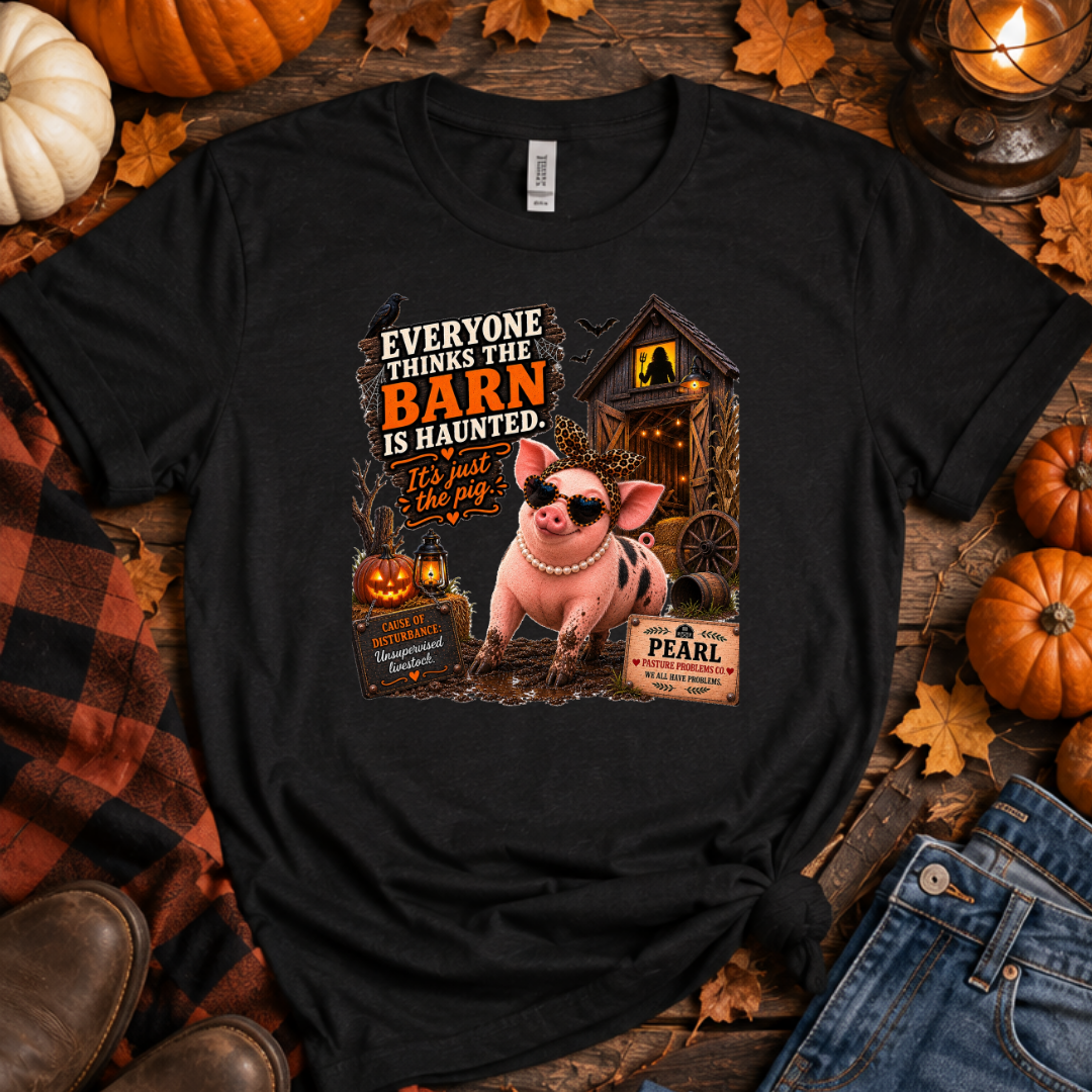 Pearl Haunted Barn Halloween pig shirt product mockup