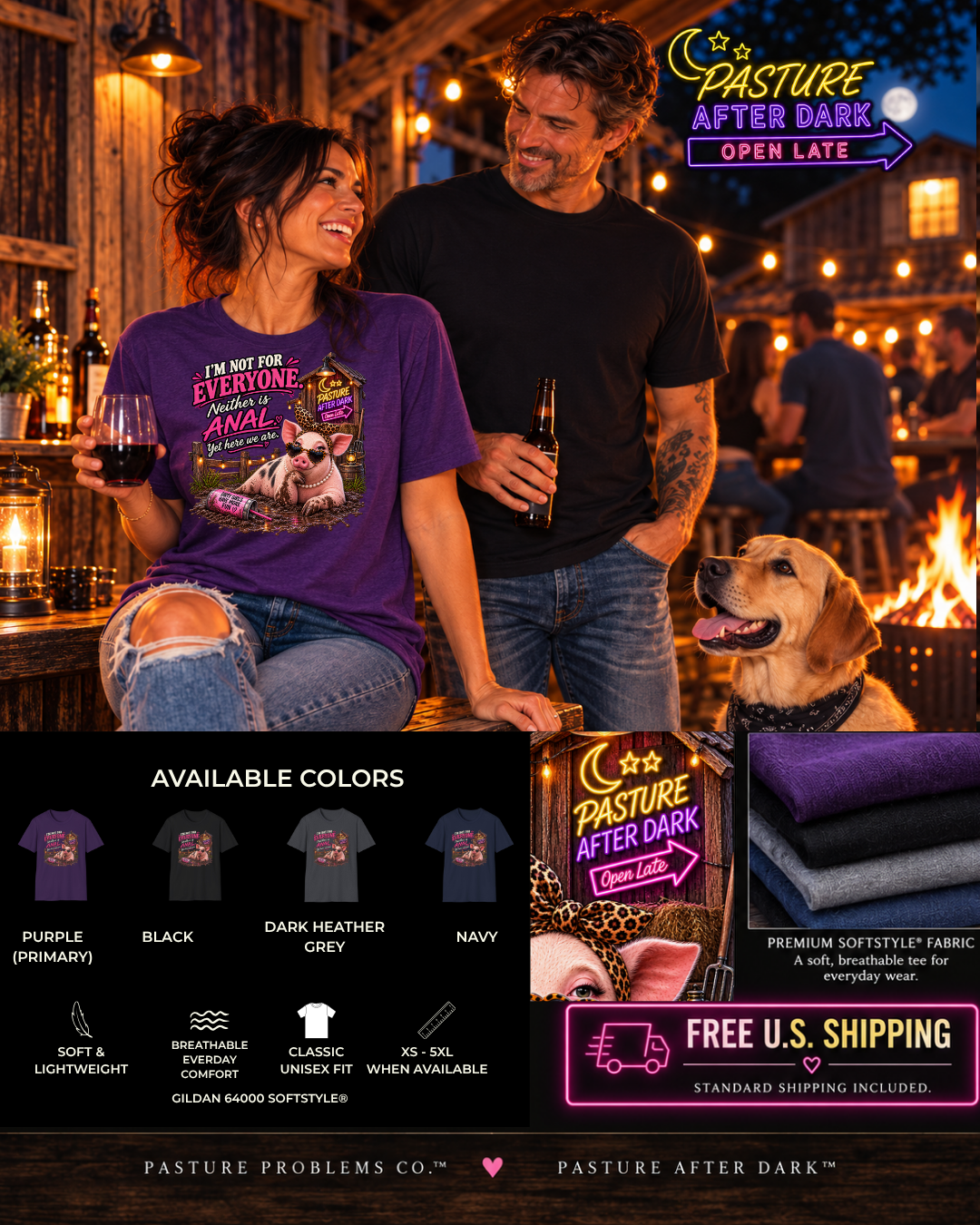 Funny adult pig T-shirt featuring Pearl from Pasture After Dark