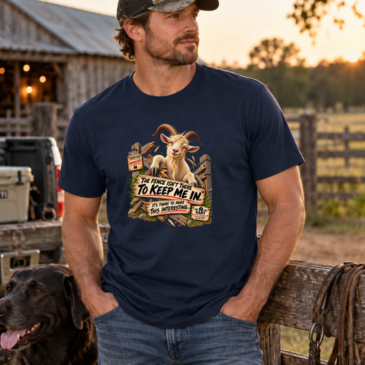 Gary the Goat fence humor shirt product mockup