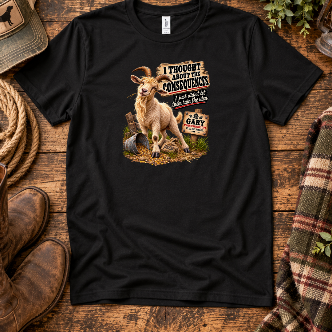 Funny goat T-shirt featuring Gary from Pasture Problems Co.