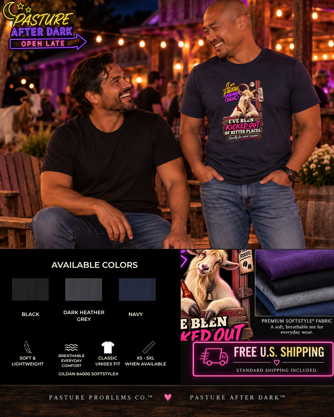 Funny adult goat T-shirt featuring Gary from Pasture After Dark