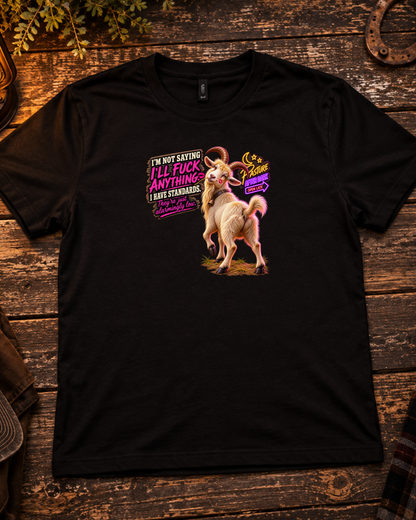Pasture After Dark Gary low standards goat humor shirt