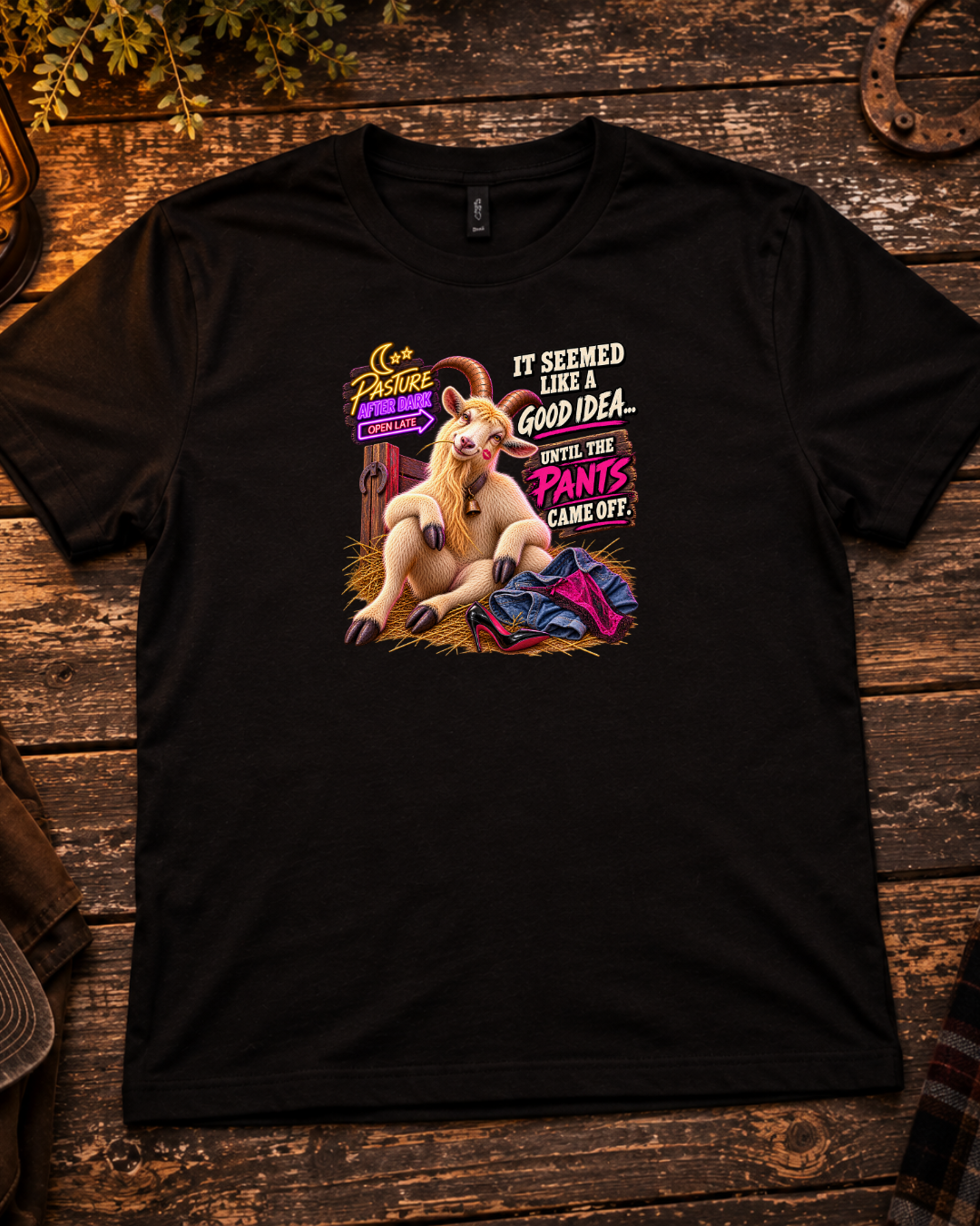Pasture After Dark Gary bad decision goat humor shirt