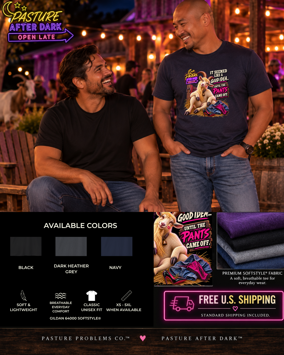 Funny adult goat T-shirt featuring Gary from Pasture After Dark