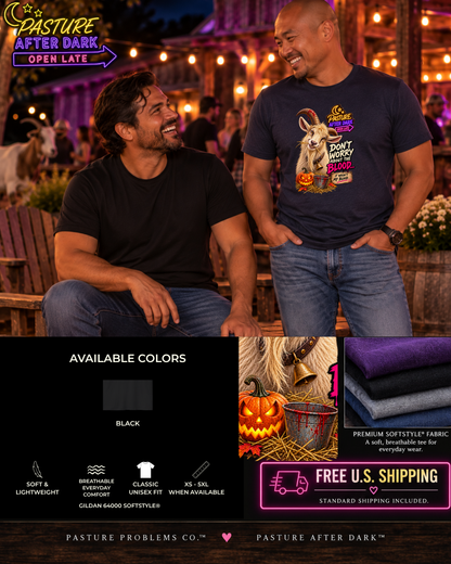 Pasture After Dark dark Halloween goat T-shirt featuring Gary
