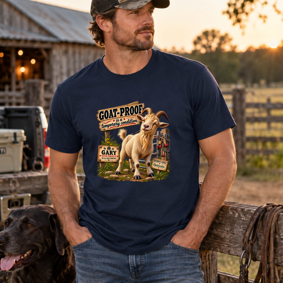 Funny goat T-shirt featuring Gary from Pasture Problems Co.