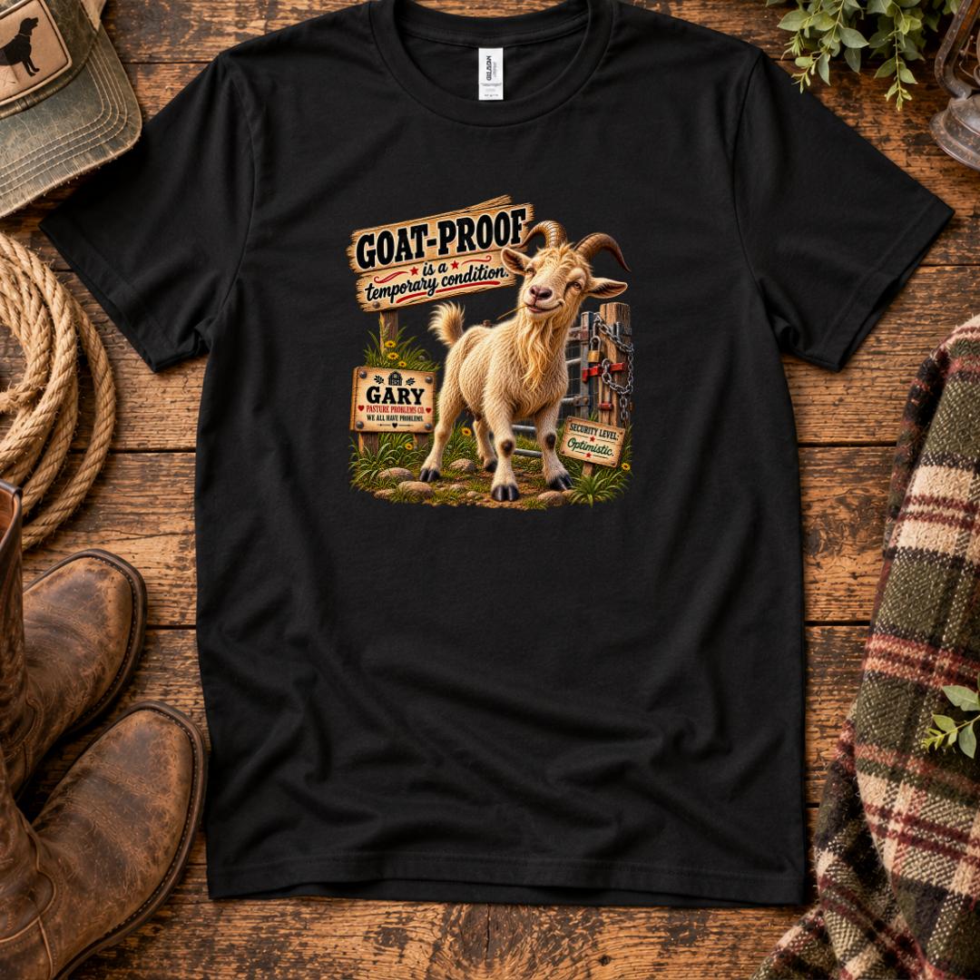 Goat-Proof Is Temporary Gary the Goat shirt product mockup