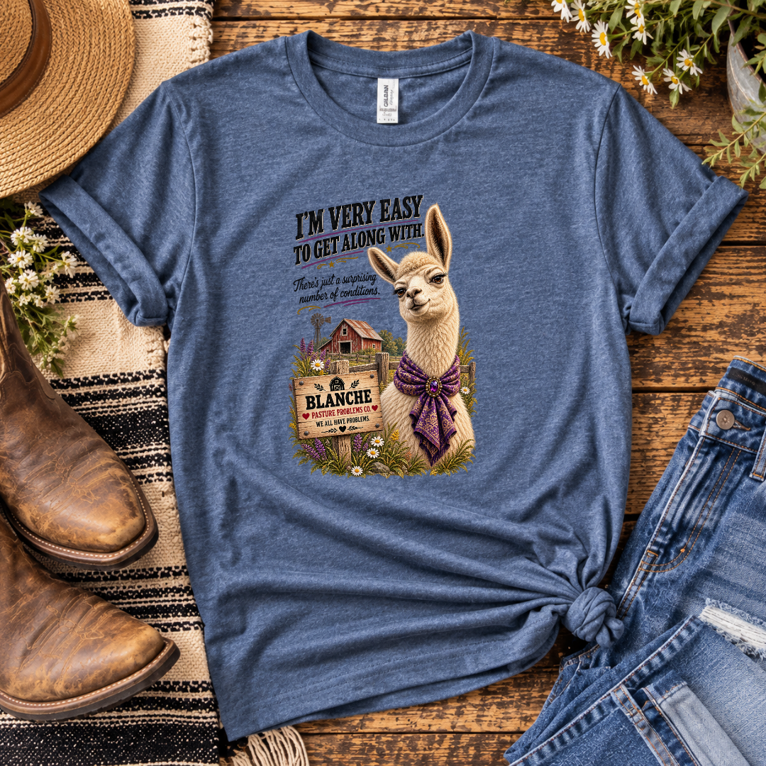 Funny llama T-shirt featuring Blanche