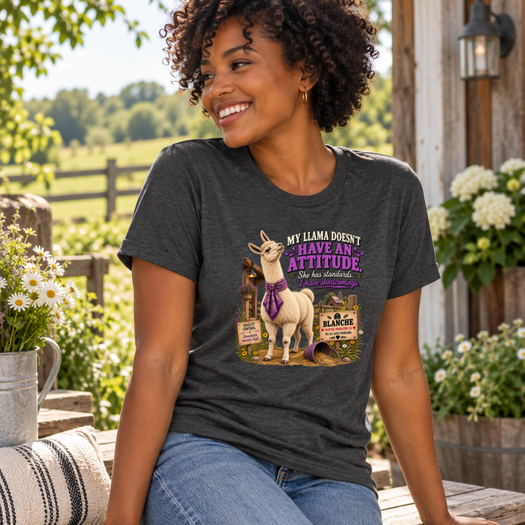 Funny llama T-shirt featuring Blanche