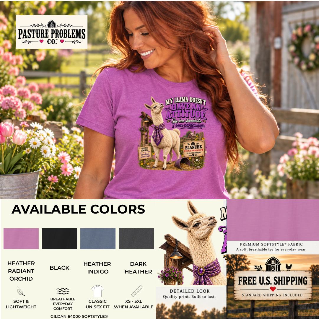 My Llama Has Standards shirt product mockup