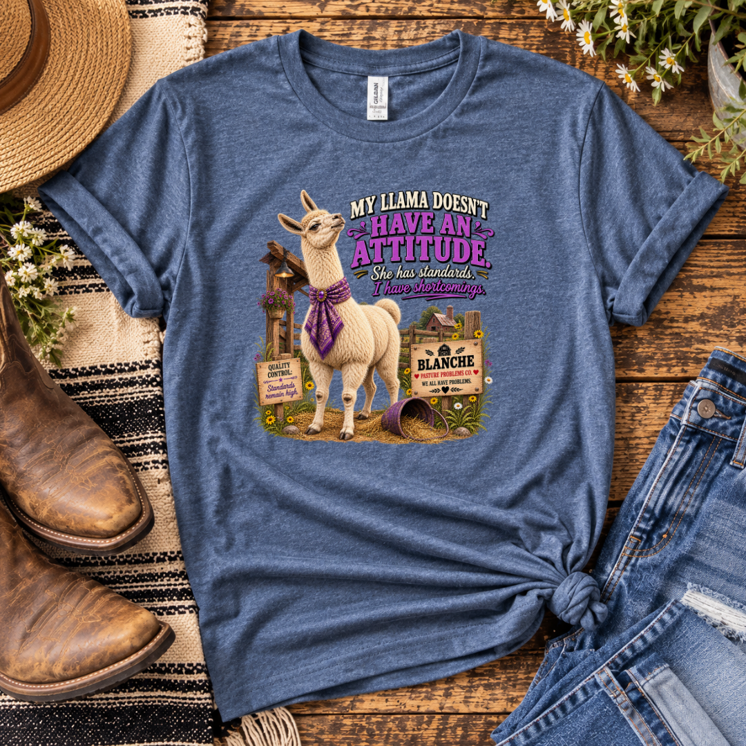 Pasture Problems Co. Blanche llama humor shirt