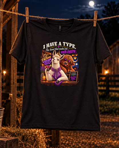 Funny adult llama T-shirt featuring Blanche from Pasture After Dark
