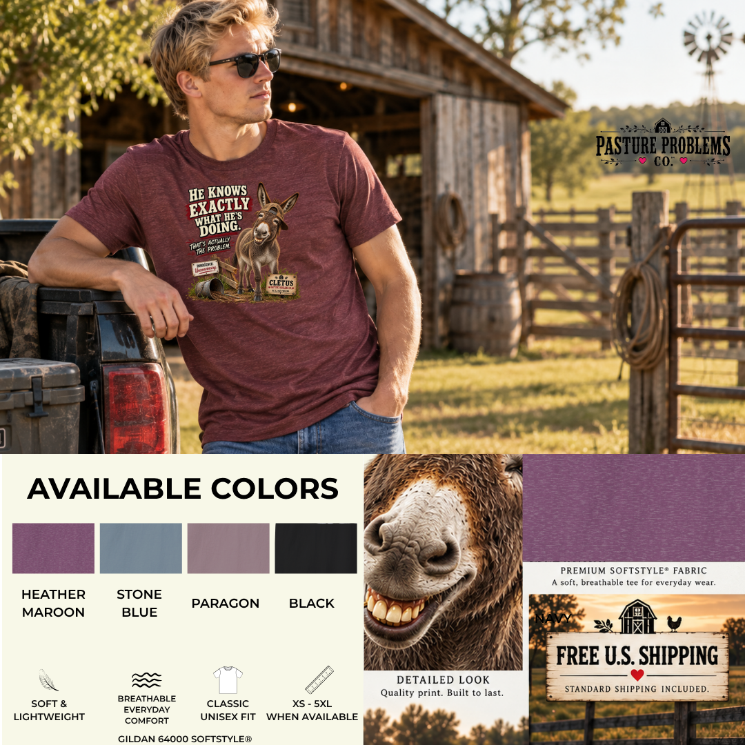 Funny donkey T-shirt featuring Cletus