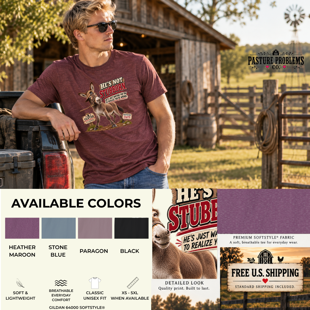 Funny stubborn donkey T-shirt featuring Cletus