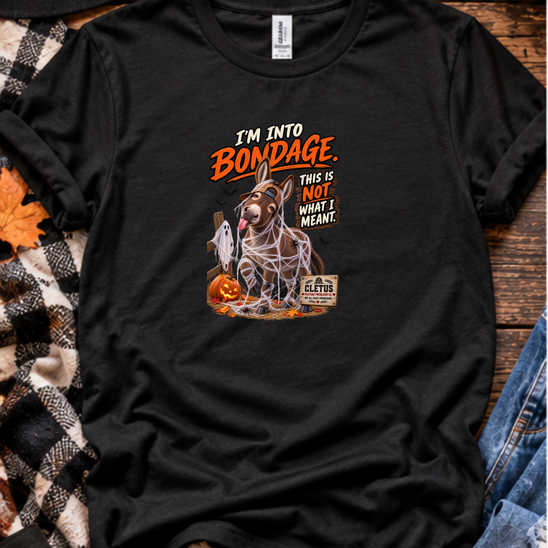 Cletus I'm Into Bondage Halloween donkey shirt product mockup