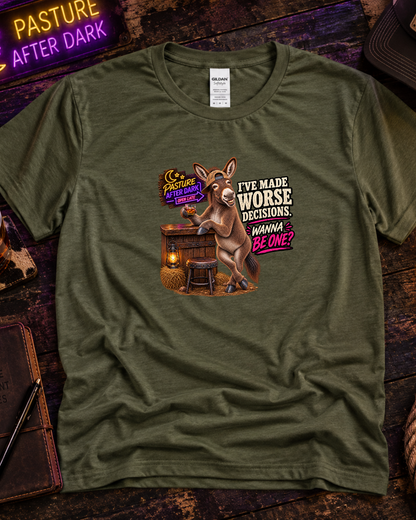 Funny adult donkey T-shirt featuring Cletus from Pasture After Dark