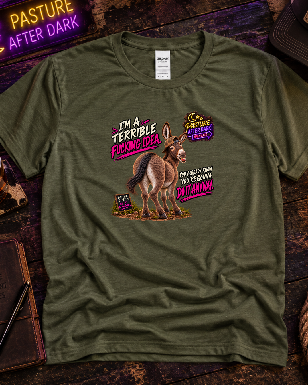Funny adult donkey T-shirt featuring Cletus as a bad idea
