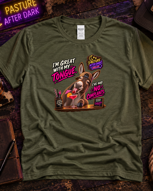 Funny adult donkey T-shirt featuring Cletus from Pasture After Dark