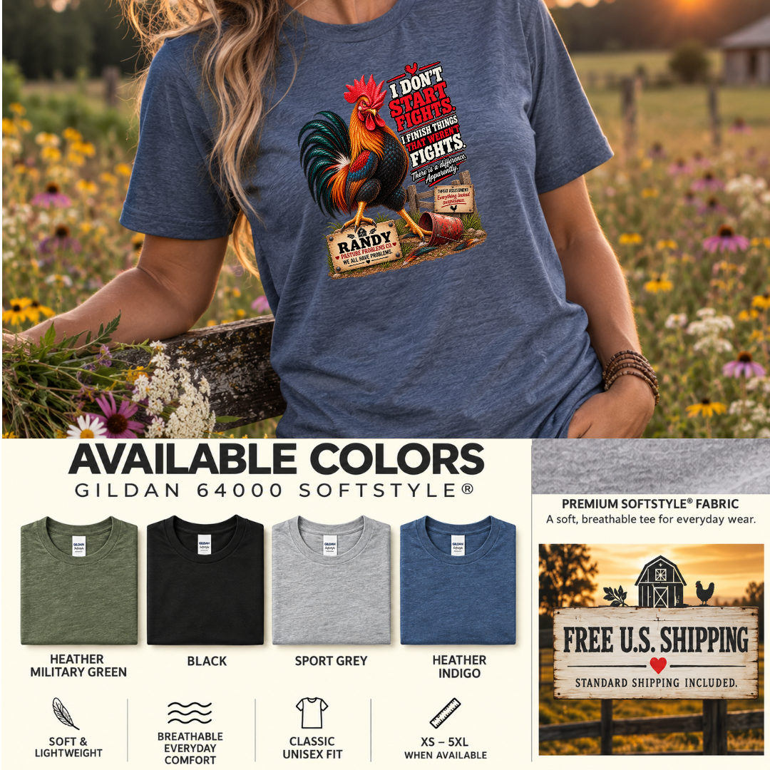 Randy I Don't Start Fights rooster shirt product mockup