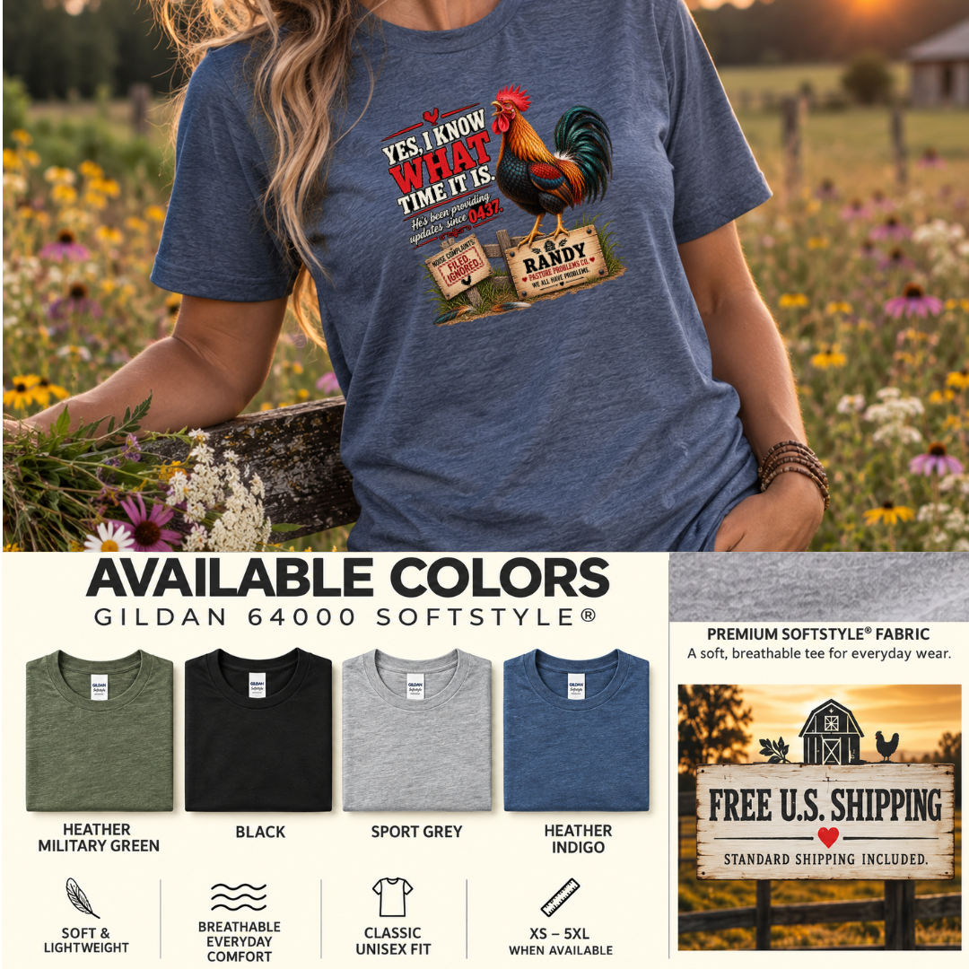 Randy Yes I Know What Time It Is rooster shirt mockup