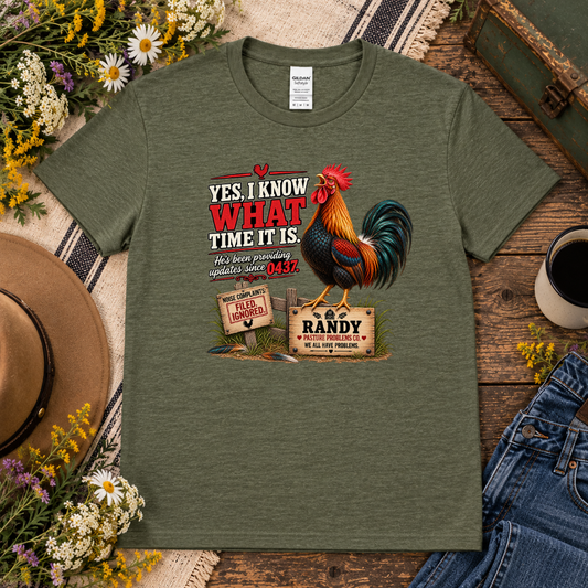Funny morning rooster T-shirt featuring Randy