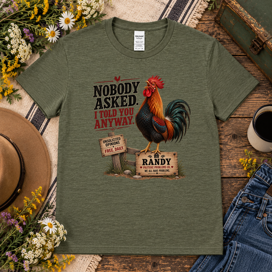 Pasture Problems Co. Randy rooster humor shirt