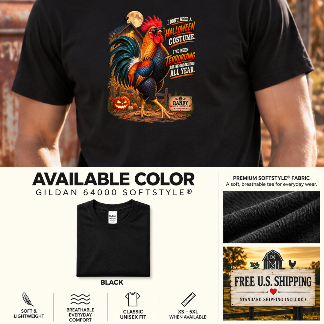 Funny Halloween rooster T-shirt featuring Randy