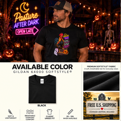 Pasture After Dark adult rooster Halloween T-shirt featuring Randy